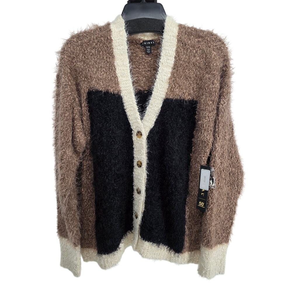 Tribal NEW Color Block Black Tan Cream Fuzzy Cardigan Sweater Size XL